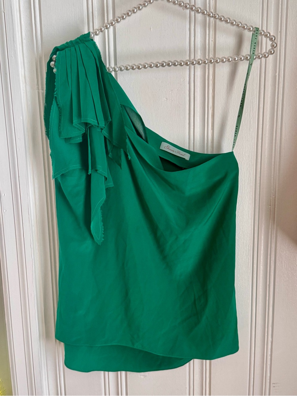 Geren Ford Emerald Green One-Shoulder Ruffle Blouse
